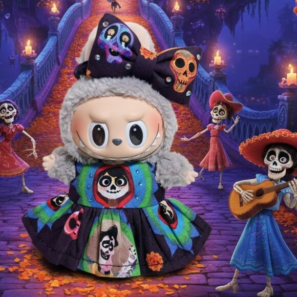 Dia De Los Muertos Disney Coco Miguel Dress and Skull Bow for Labubu - Picture 5 of 5